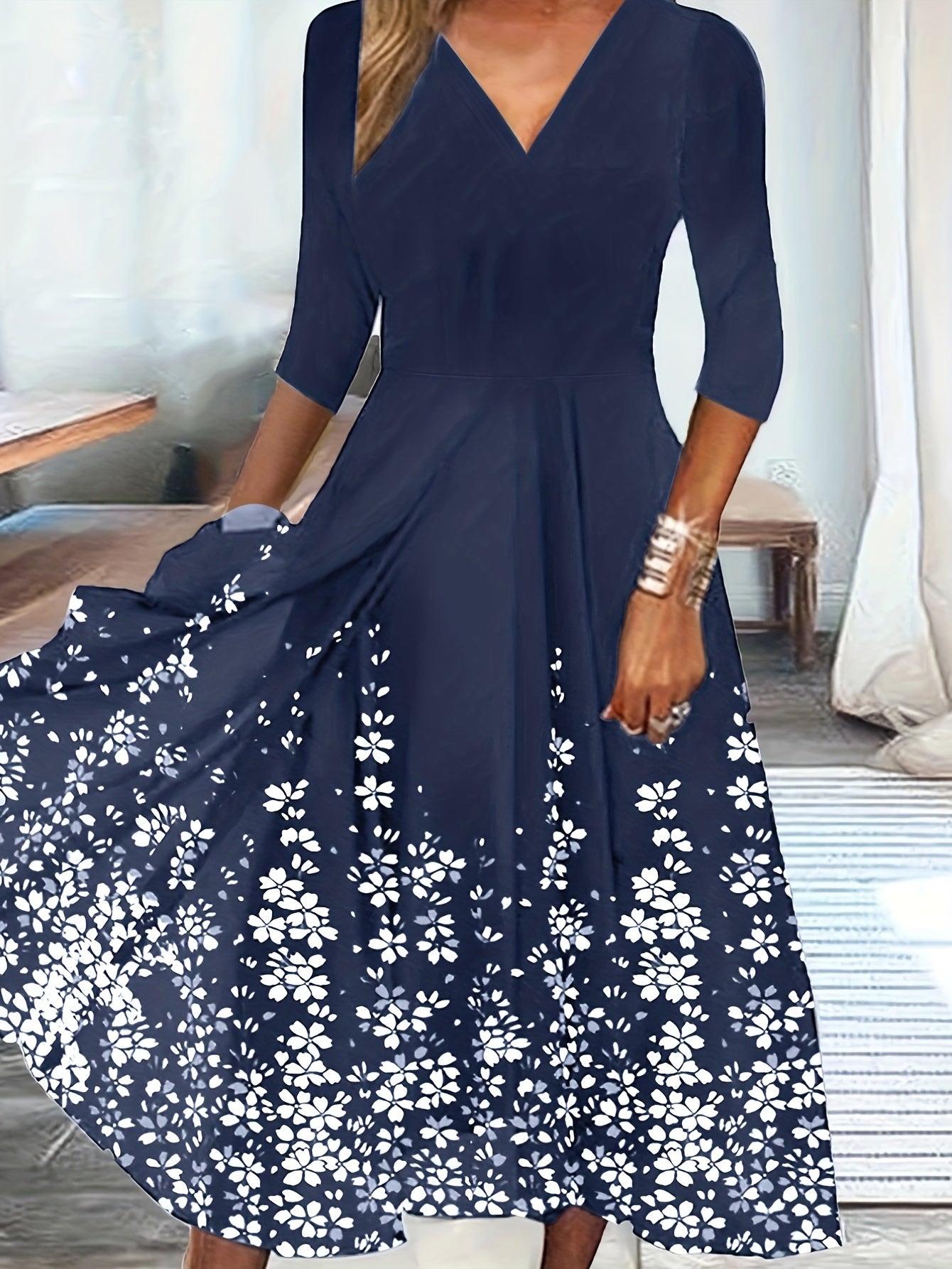 Floral Print V Neck Midi Dress Women's Clothing