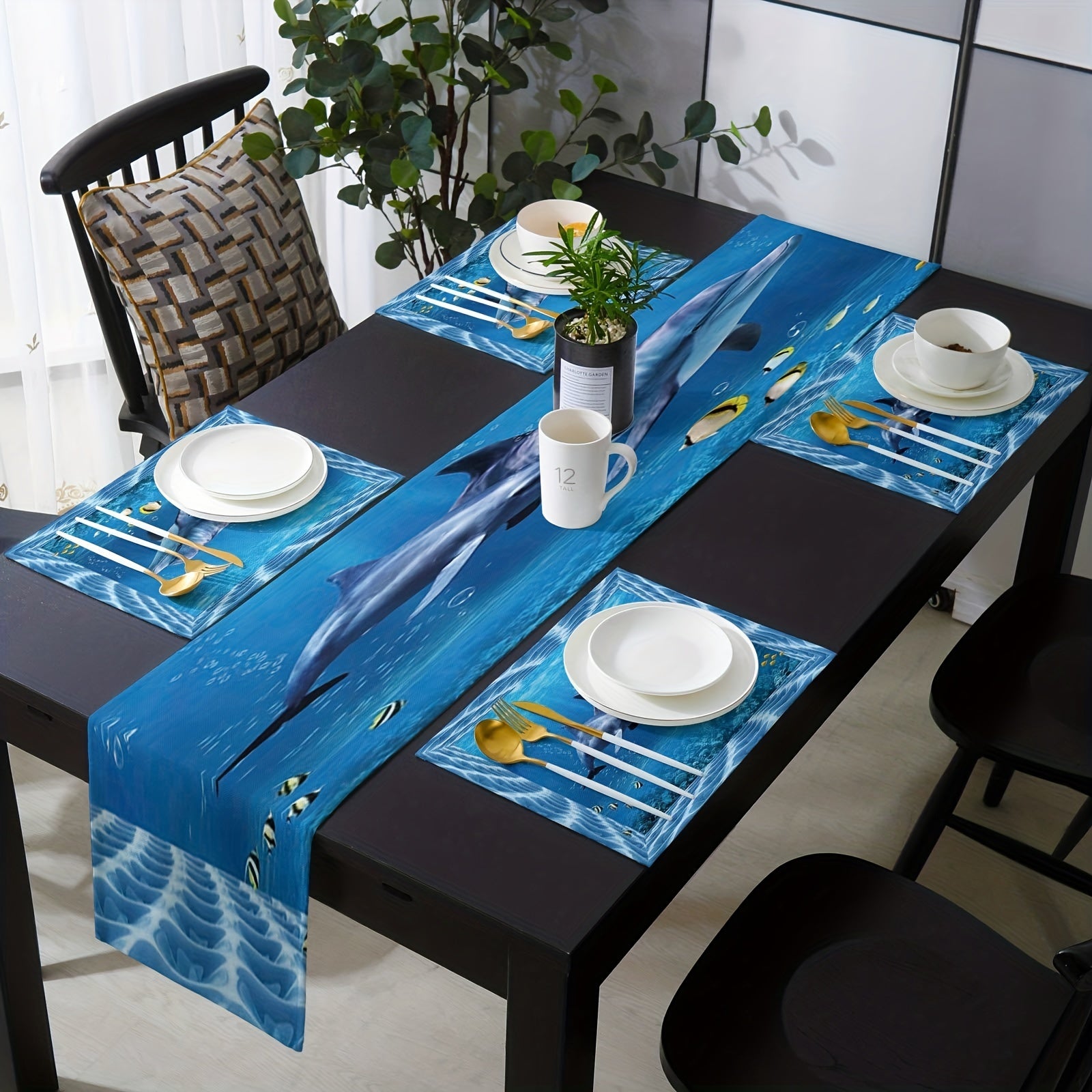Dolphin Underwater World Linen Table Runner 13x72 Inch