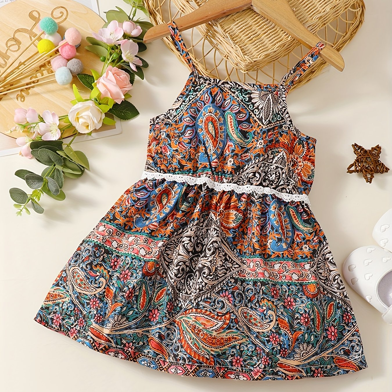 Ethnic Style Lace Waist Cami Dress for Toddler Girls