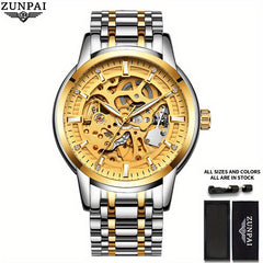 ZUNPAI Business Skeleton Wristwatch Stainless Steel Waterproof Men's Watch