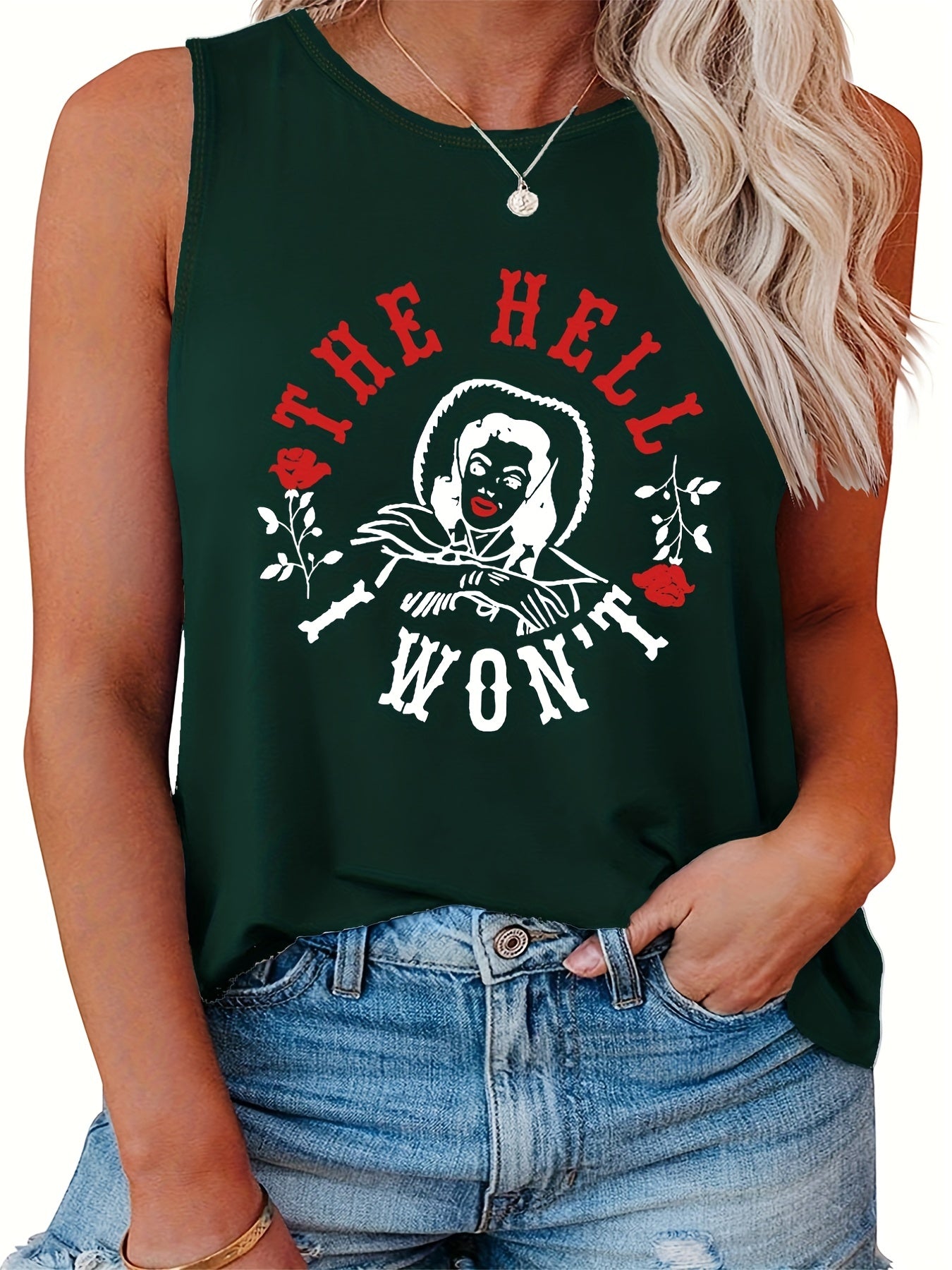 Casual Tank Top Women's Plus Cartoon Figure & Letter Print