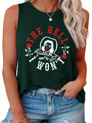 Casual Tank Top Women's Plus Cartoon Figure & Letter Print