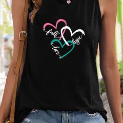 Heart & Letter Pattern Stretchy Sports Vest Round Neck Sleeveless Casual Top