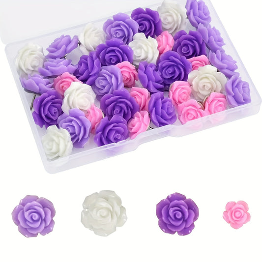 40pcs Colorful Resin Rose Push Pins for Cork Board Flower Decorative Thumbtack