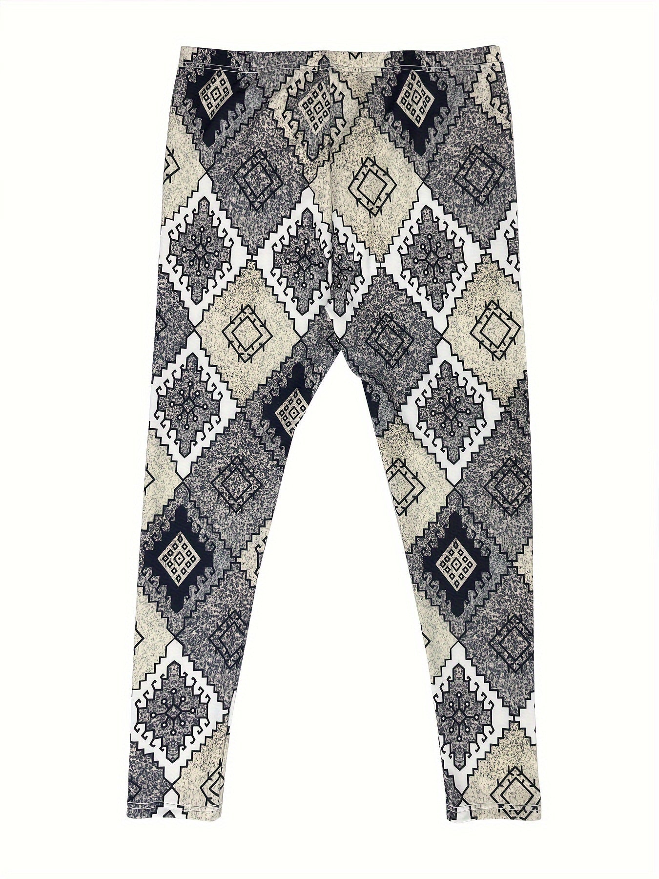 Geometric Print Fleece Leggings Elastic High Rise High Stretch