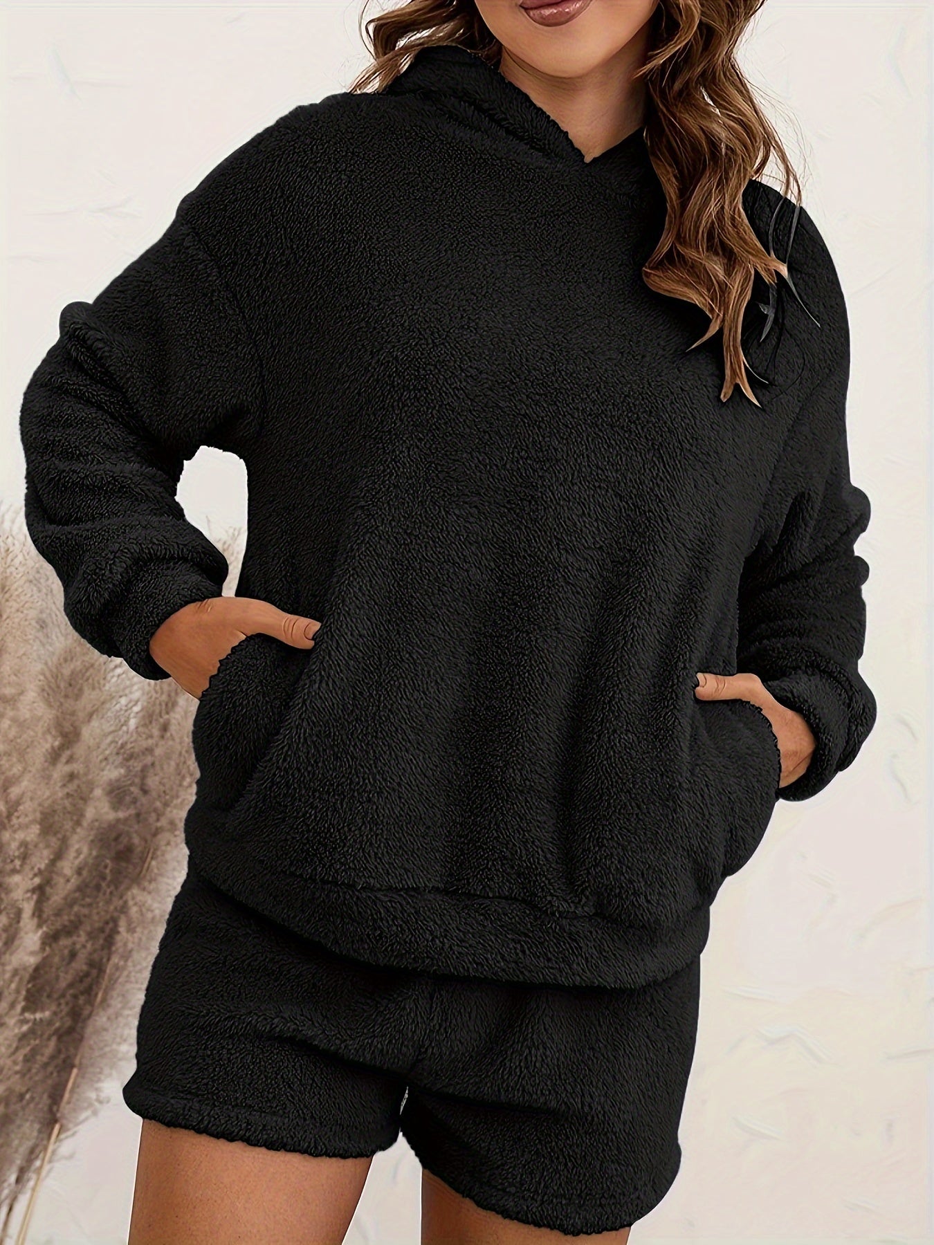 Cozy Fuzzy Lounge Set Hooded Top & Shorts