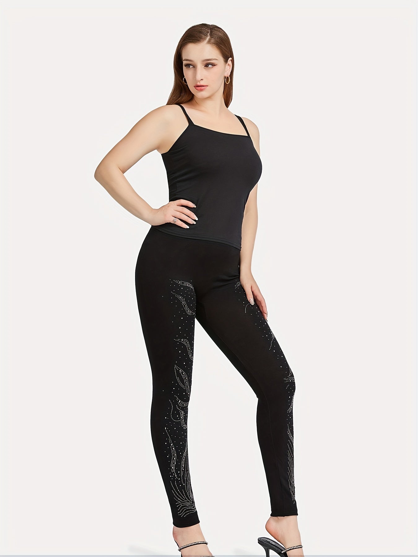 Floral Rhinestone Skinny Leggings Women's Clothing