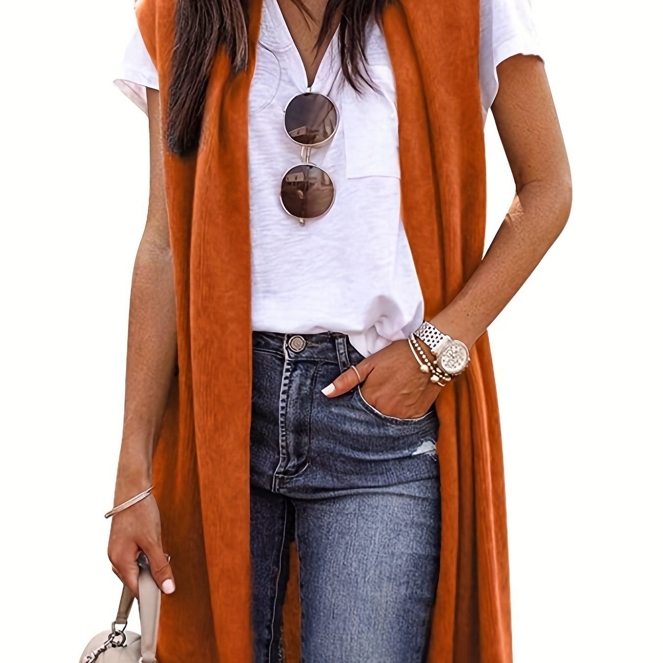 Solid Sleeveless Knit Cardigan Long Vest Sweater