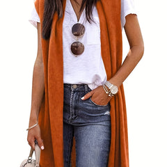 Solid Sleeveless Knit Cardigan Long Vest Sweater