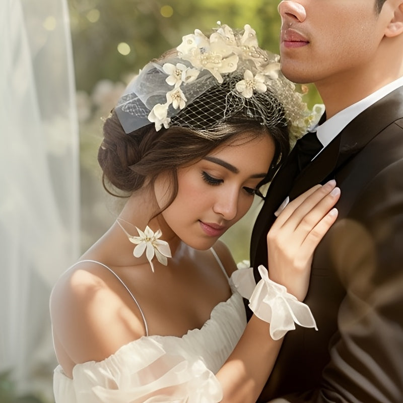 Bohemian Floral Mesh Bridal Headpiece with Veil