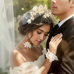 Bohemian Floral Mesh Bridal Headpiece with Veil