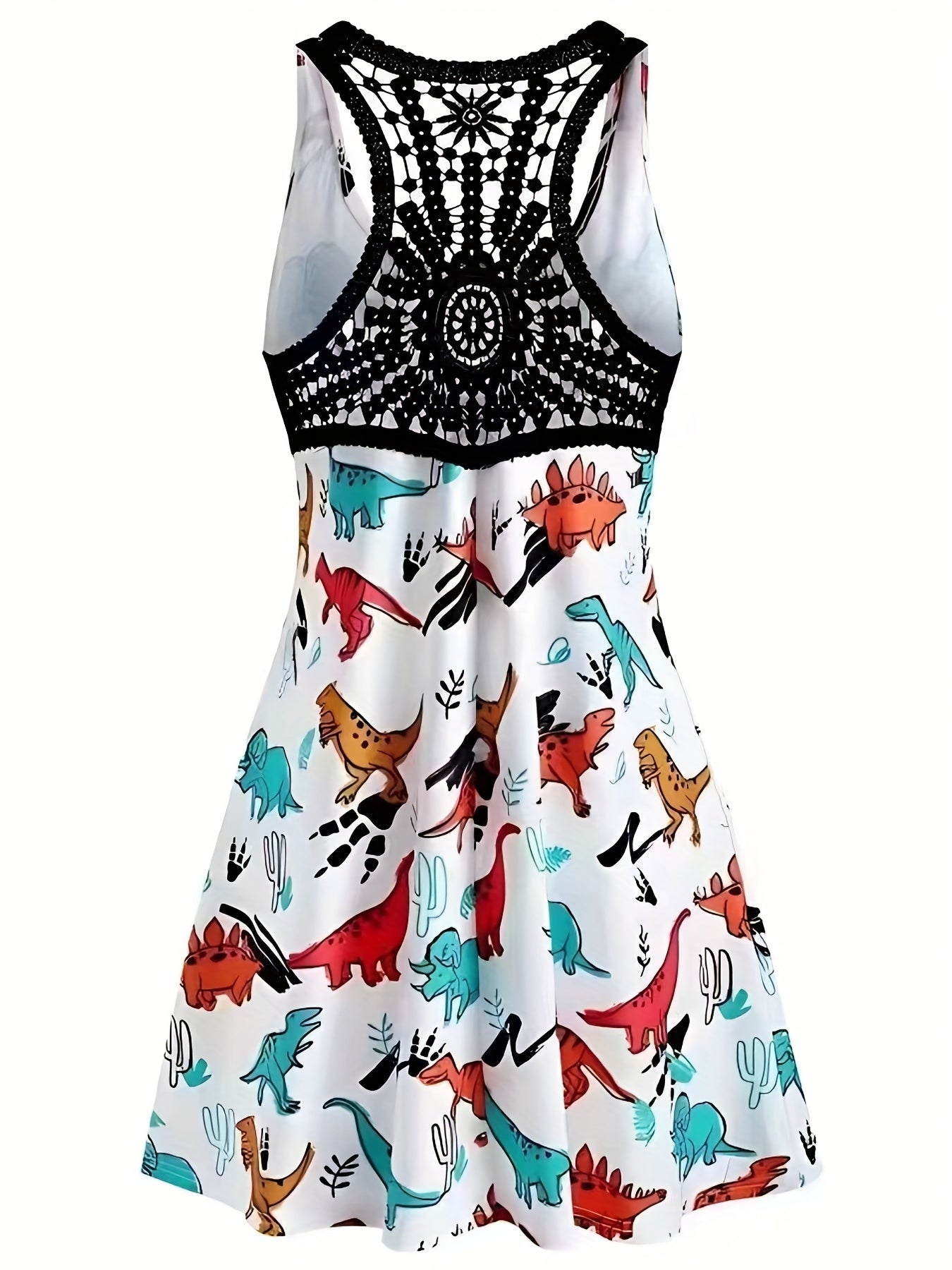 Dinosaur Print Casual Tank Dress with Lace Panel