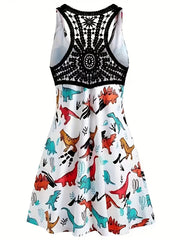 Dinosaur Print Casual Tank Dress with Lace Panel