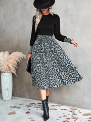 Leopard Print Set Crew Neck Lantern Long Sleeve T shirt & Belted Midi