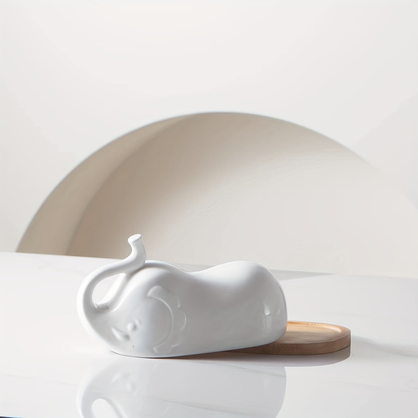 Elephant Shaped Ceramic Butter Dish with Lid and Wooden Saucer