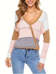 V Neck Eyelet Sweater Long Sleeve Block Casual Sweater
