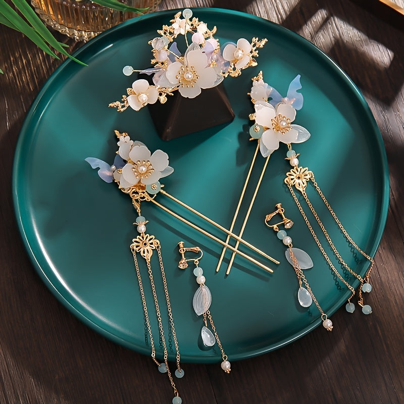 Chinese Hanfu Hair Accessory Set Tassel Flower Hairpin Earrings Jewelry