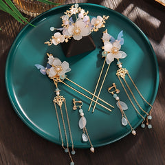 Chinese Hanfu Hair Accessory Set Tassel Flower Hairpin Earrings Jewelry