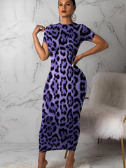 Leopard Print Short Sleeve Round Neck Skinny Dress