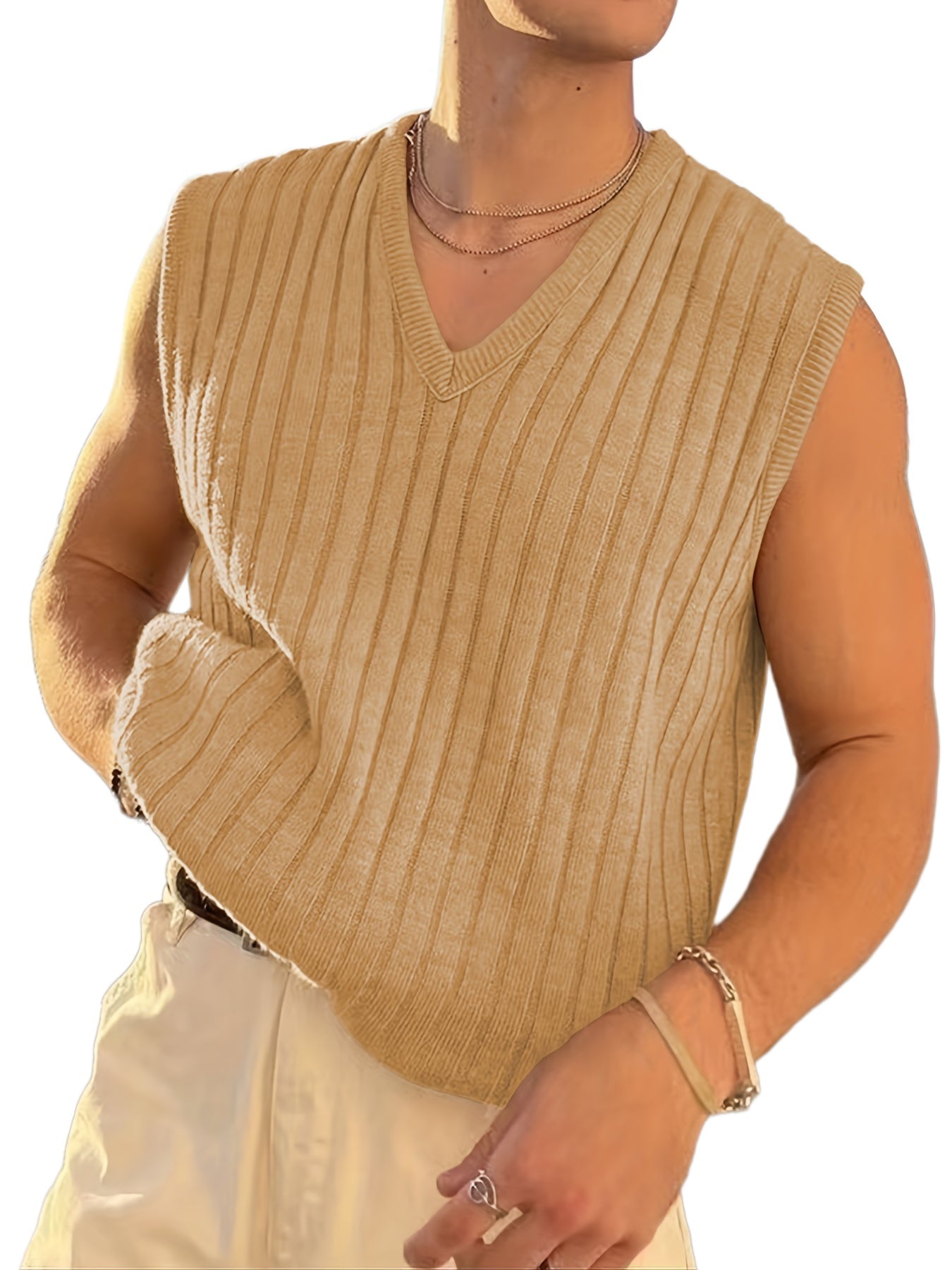 Men's Retro Style V Neck Knitted Vest in Stripe Textured Pattern