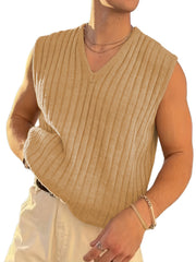 Men's Retro Style V Neck Knitted Vest in Stripe Textured Pattern