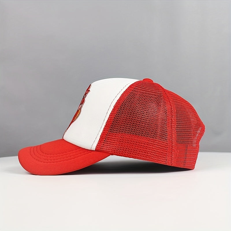 Red Cock Patch Trucker Hat Animal Pattern Mesh Baseball Cap Adjustable