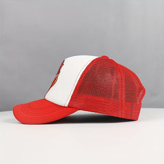 Red Cock Patch Trucker Hat Animal Pattern Mesh Baseball Cap Adjustable