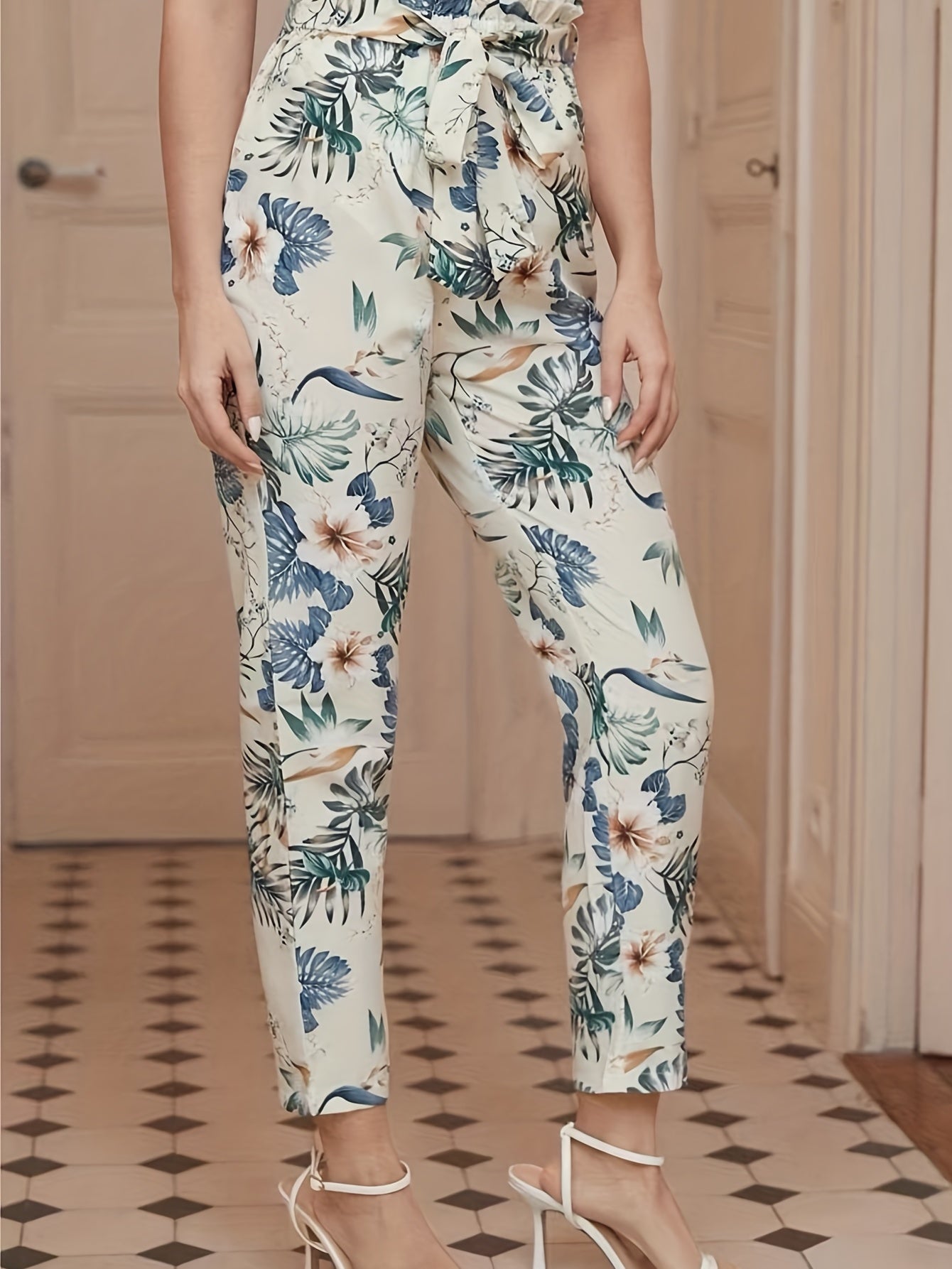 Vintage Floral Print Pants Vacation Knotted Long Length Pants