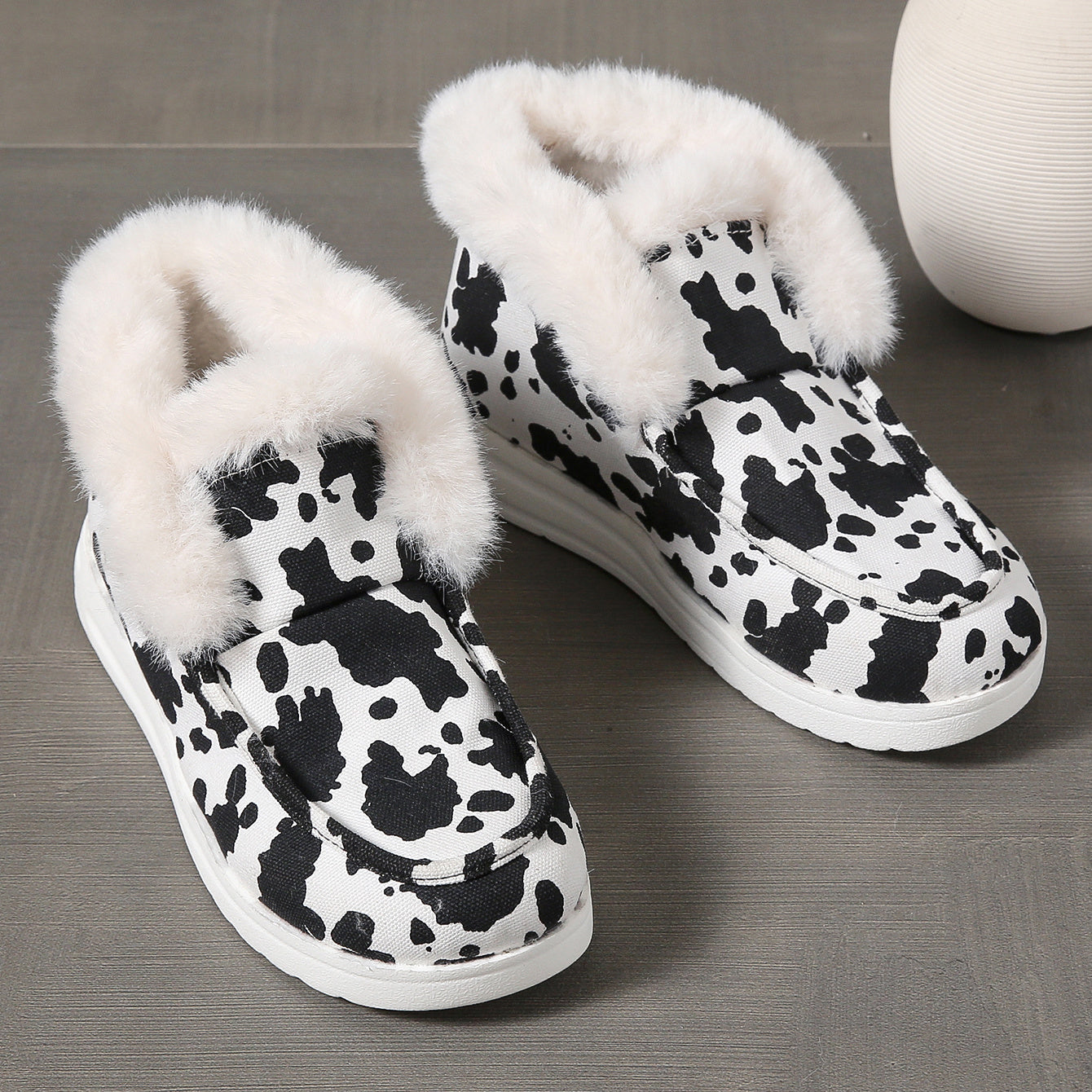 Cow Print Snow Boots Warm Plush Lined Slip On Flat Shoes