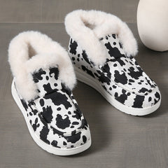 Cow Print Snow Boots Warm Plush Lined Slip On Flat Shoes