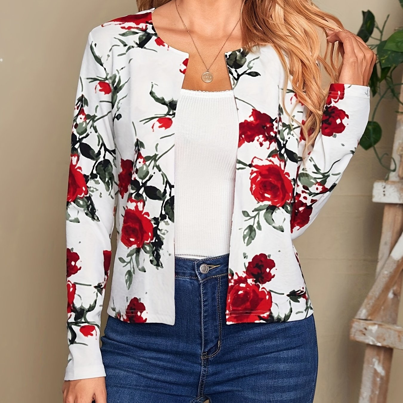 Floral Print Open Front Jacket Women's Clothing