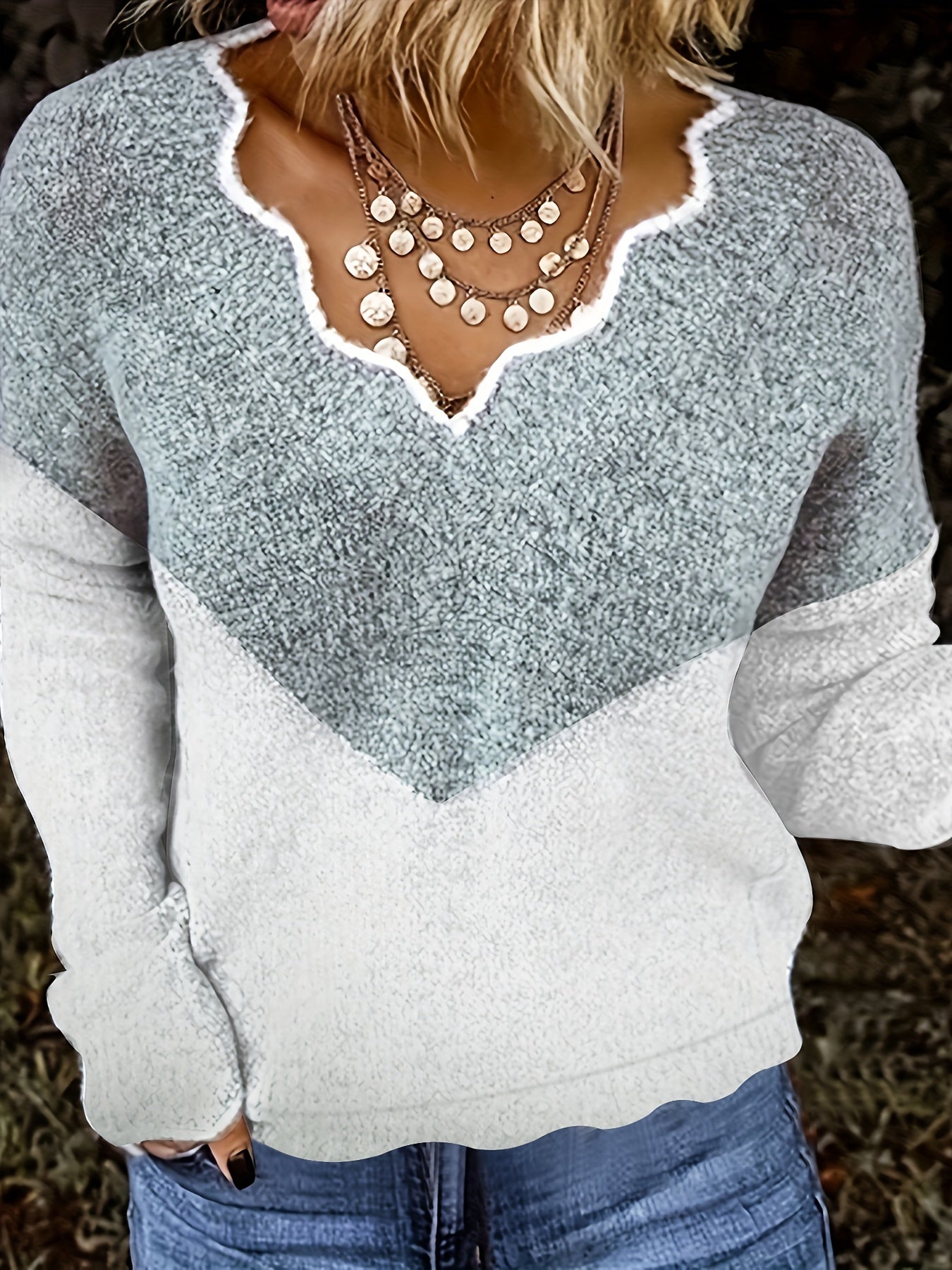 Colorblock Floral Trim V Neck Long Sleeve Pullover Sweater