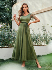 Mesh Ruffle Sleeve Maxi Dress Double Layer Wedding Guest Dresses