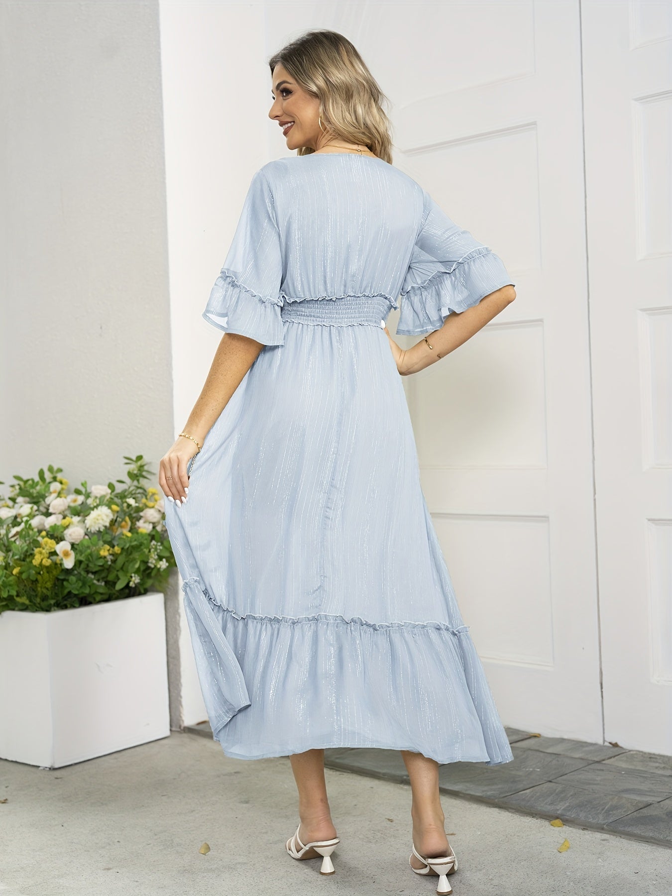 Ruffle Trim Solid Dress Shirred V Neck Split Thigh Dress Women's Clothing