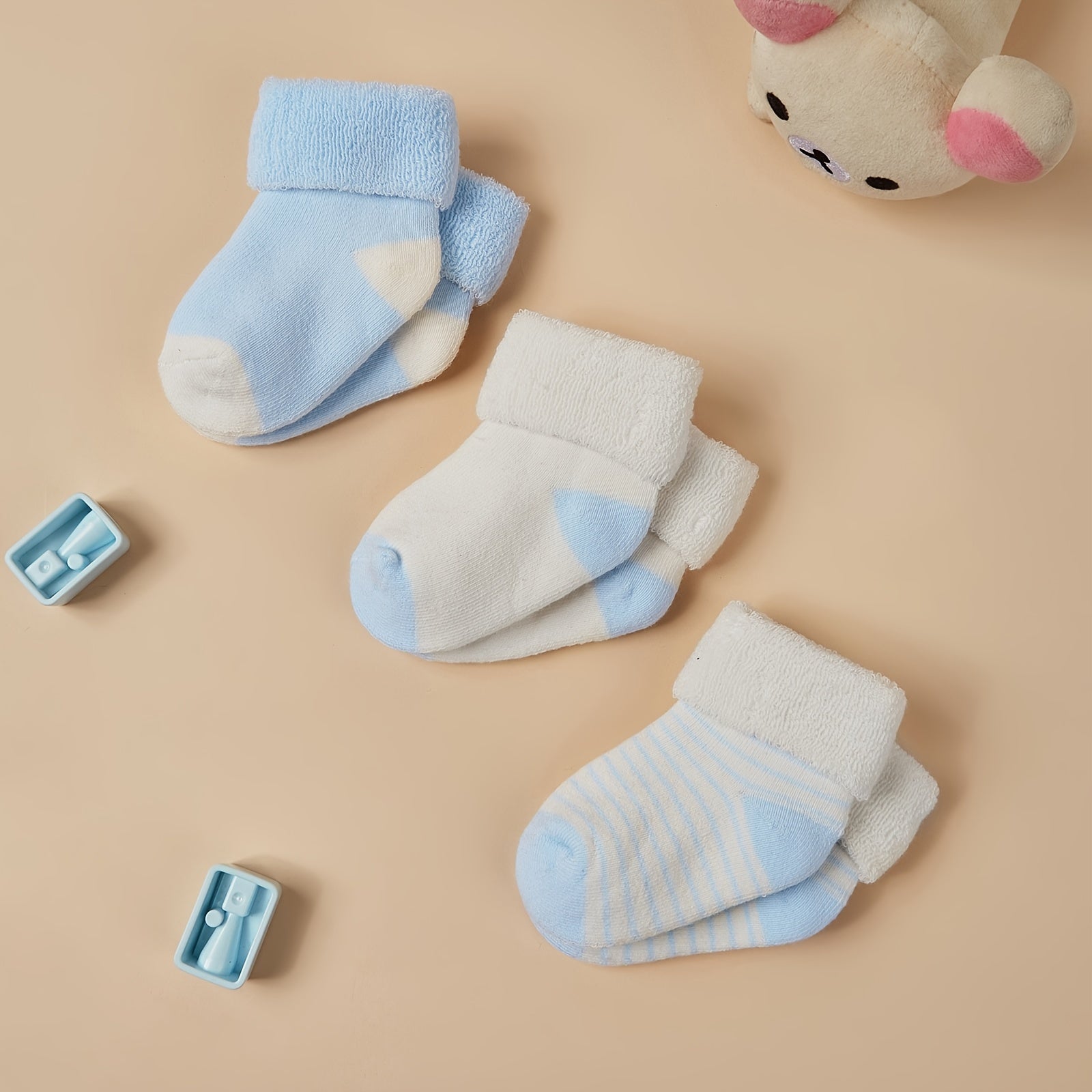 3 Pairs Newborn Baby Striped Plush Crew Socks for Boys/Girls