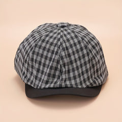 Plaid Beret Cap Label Patch Painter Hat Vintage Newsboy Style