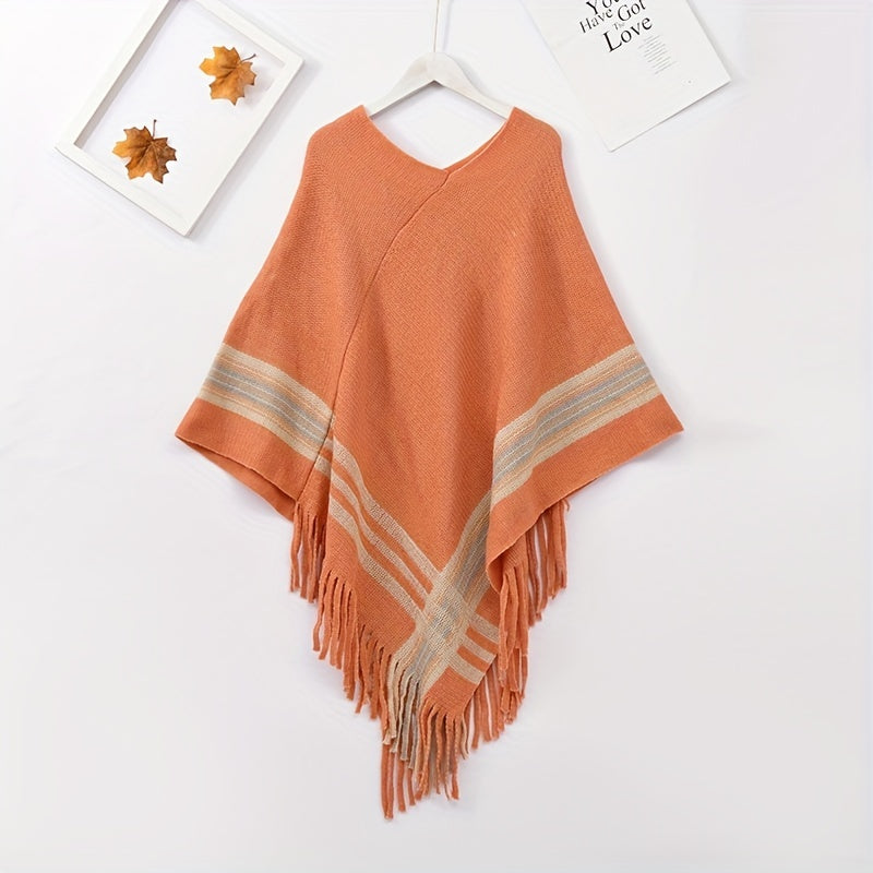 Cashmere Shawl Striped Fringe Shawl Wraps Warm Cape Women