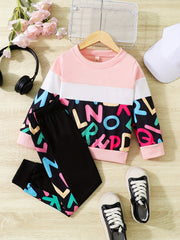 Girls Contrast Long Sleeve Sweatshirt & Sweatpants Set Winter Clothes
