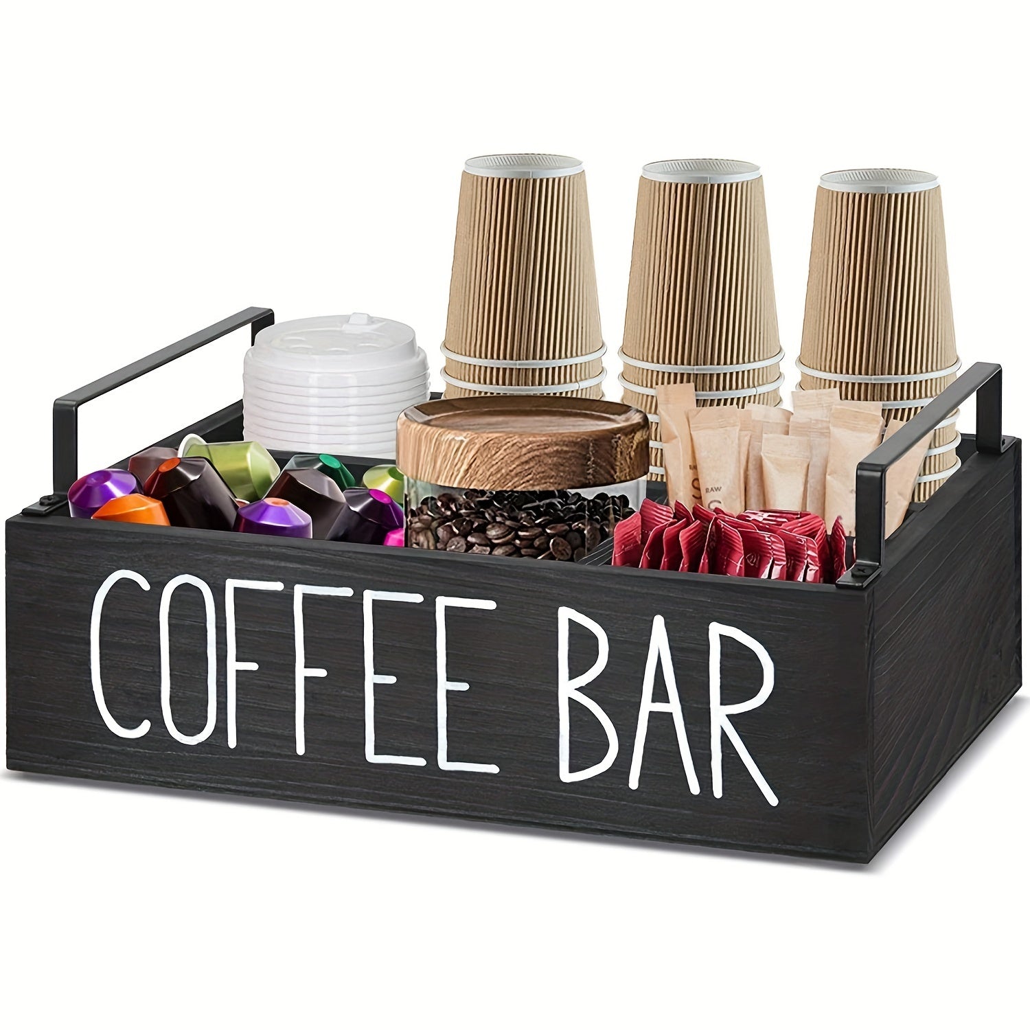 Wooden Coffee Bar Box Farmhouse Style Countertop Organizer for Cups & Pods