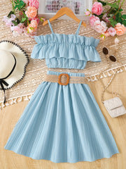 Girl's Off Shoulder Ruffle Camisole & Flared Skirt Set - Summer Outfits