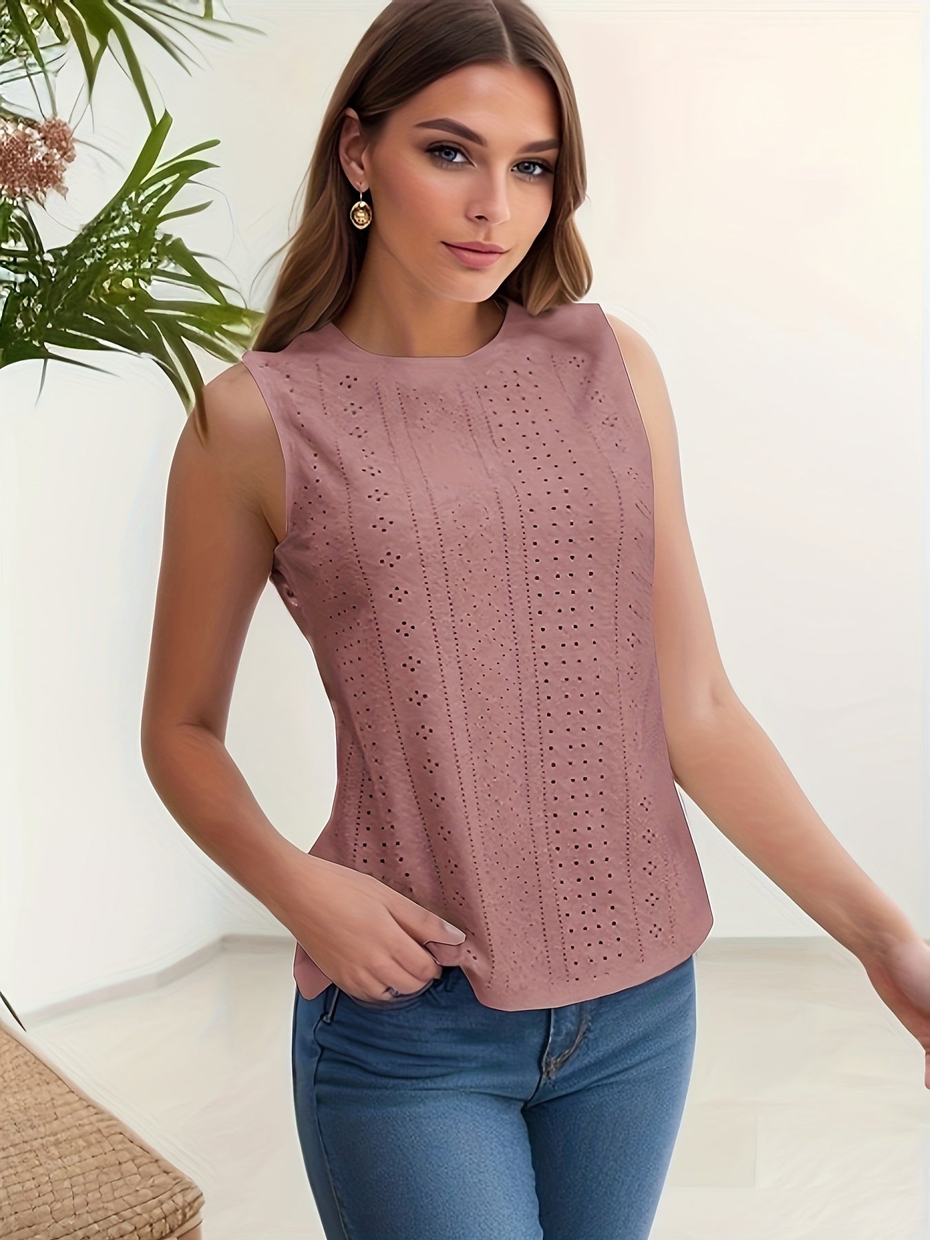 Eyelet Crew Neck Tank Top Sleeveless Casual Women's Clothing