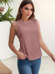 Eyelet Crew Neck Tank Top Sleeveless Casual Women's Clothing