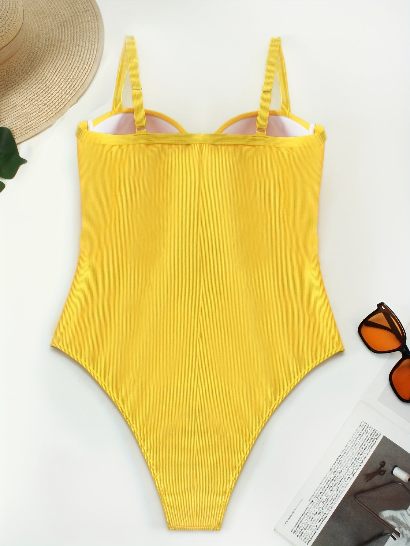 One Piece Swimsuit Contrast Mesh Ribbed Knit Bathing Suit