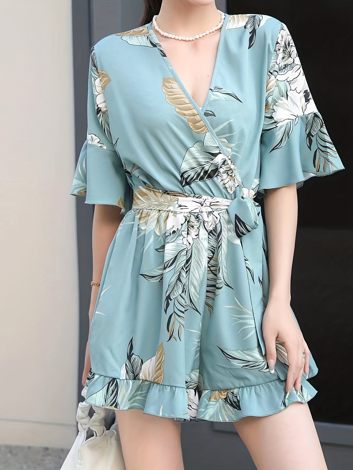 Floral Print Ruffle Trim Rompers Women's Clothing