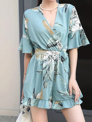 Floral Print Ruffle Trim Rompers Women's Clothing