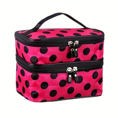 Double Layer Dot Pattern Cosmetic Bag, Waterproof & Durable with Mirror