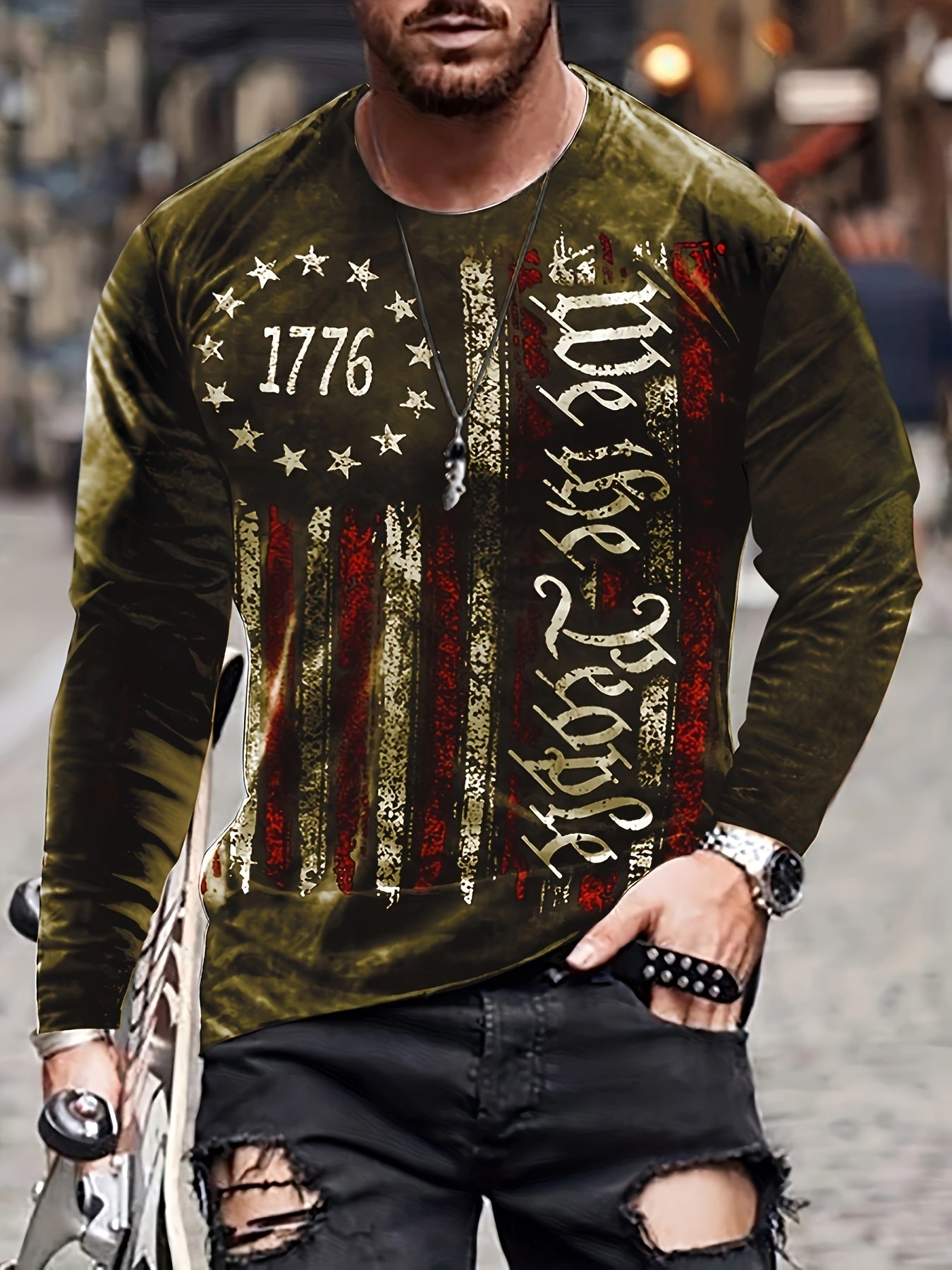 Vintage Print Men's Long Sleeve Tee Shirt for Autumn