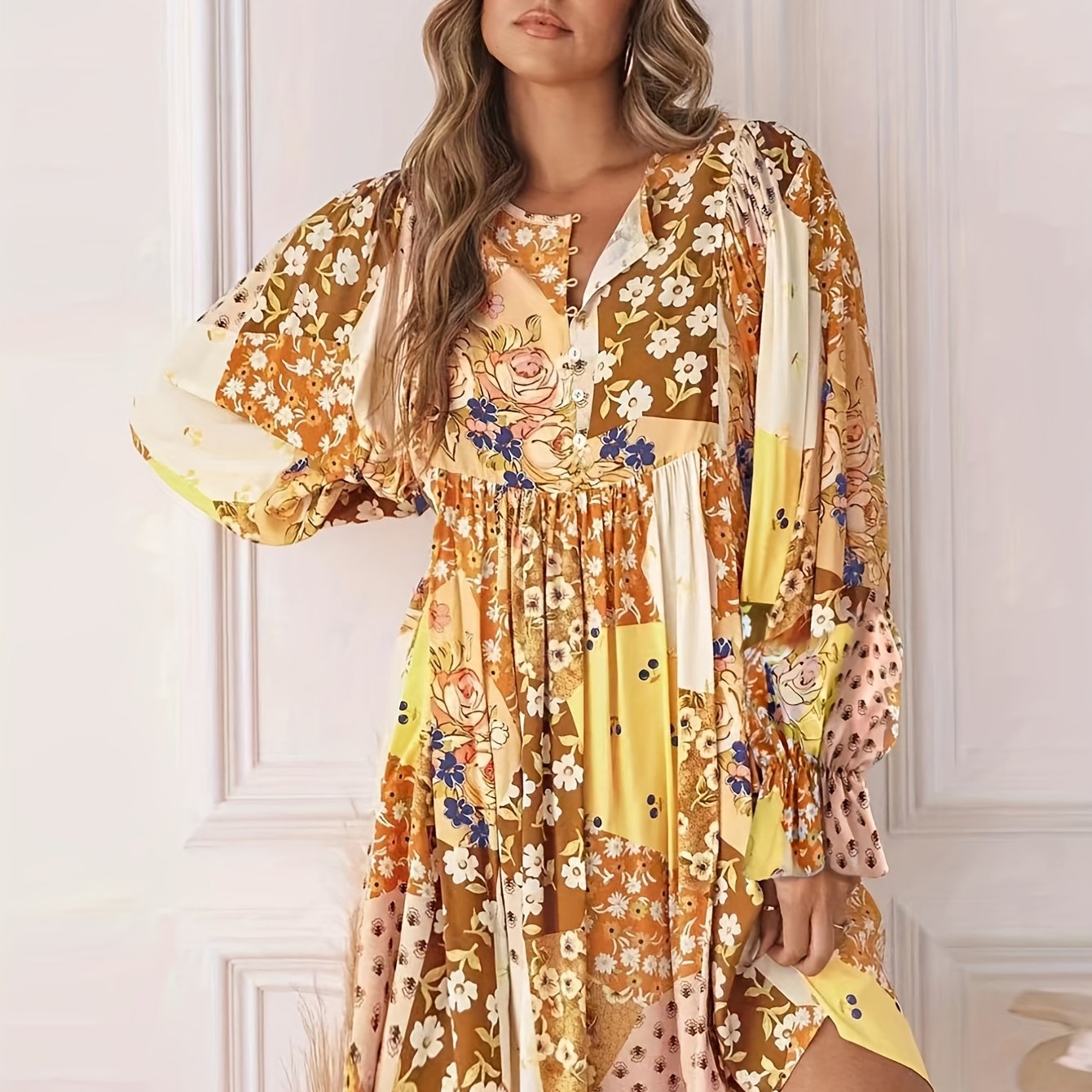 Plus Patchwork Print Bell Sleeve Button Up Round Neck Pleated Dress