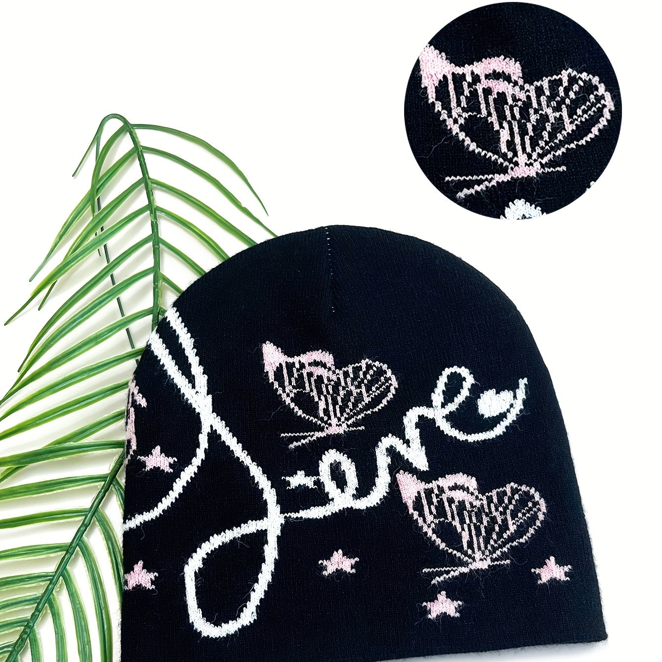 Pink Butterfly Jacquard Beanie Soft Knit Hat for Women
