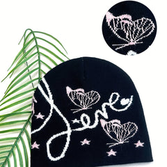 Pink Butterfly Jacquard Beanie Soft Knit Hat for Women
